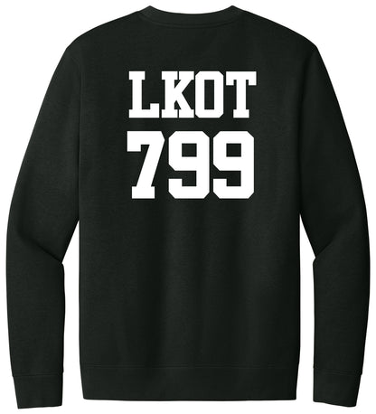 The LKOT Crewneck Sweatshirt — Adult is a black collegiate crewneck with bold white text and the number 799 on the back, adding standout style to your wardrobe.