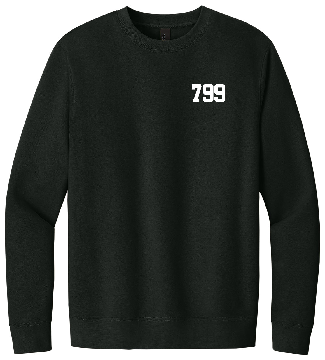 The LKOT Crewneck Sweatshirt — Adult is a plain black collegiate crewneck with the white number 799 printed on the upper left chest.