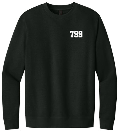 The LKOT Crewneck Sweatshirt — Adult is a plain black collegiate crewneck with the white number 799 printed on the upper left chest.