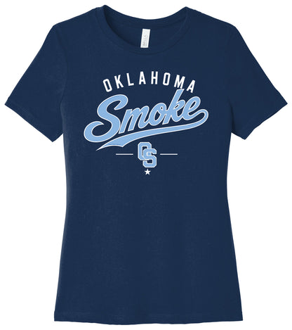 Oklahoma Smoke - Angled Tail Script - BELLA+CANVAS ® Women's Relaxed Jersey Short Sleeve Tee. BC6400