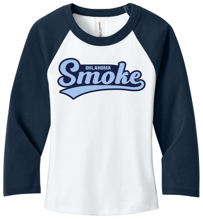 Oklahoma Smoke - Tail Script - BELLA+CANVAS® Women's Micro Rib 3/4 Raglan Baby Tee BC1200