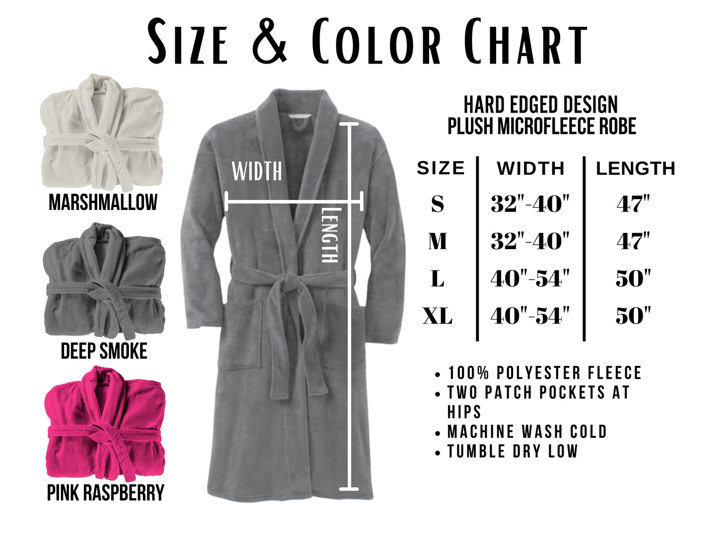 Size and color chart for our Personalized Plush Robe in Marshmallow, Deep Smoke, and Pink Raspberry. Features S-XL measurements, care instructions, and a robe image labeled with width and length.
