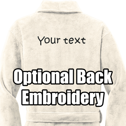 The Personalized Plush Robe is displayed from the back in beige, featuring “Your text” embroidered and a bold overlay stating “Optional Back Embroidery.”.