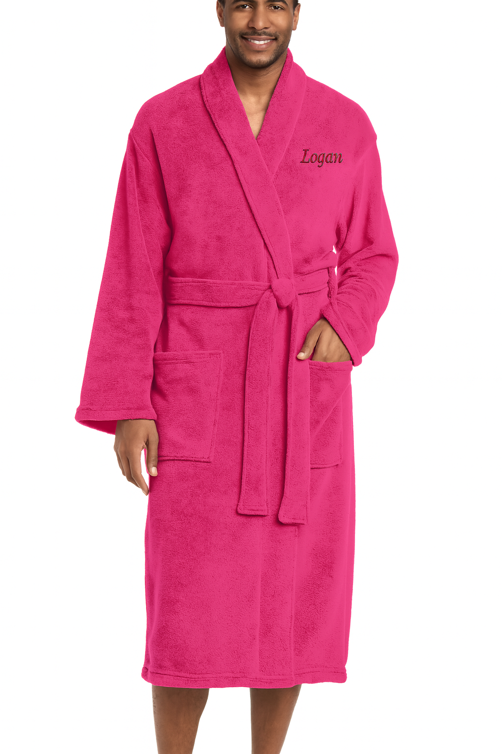 A woman wearing a Personalized Plush Robe in pink.