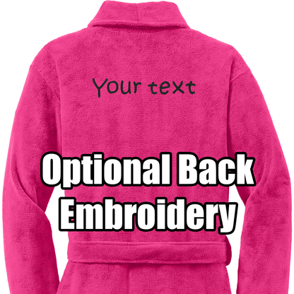 A vibrant pink Personalized Plush Robe is shown from the back, featuring "Your text" embroidered on the upper back and a large overlay reading "Optional Back Embroidery.