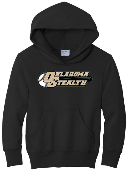 Stealth Baseball - Bat and Diamond - Port & Co Youth Core Fleece Pullover Hooded Sweatshirt.  PC90YH
