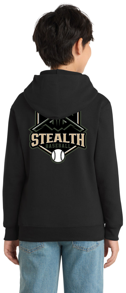 Stealth Baseball - Bat and Diamond - Port & Co Youth Core Fleece Pullover Hooded Sweatshirt. PC90YH