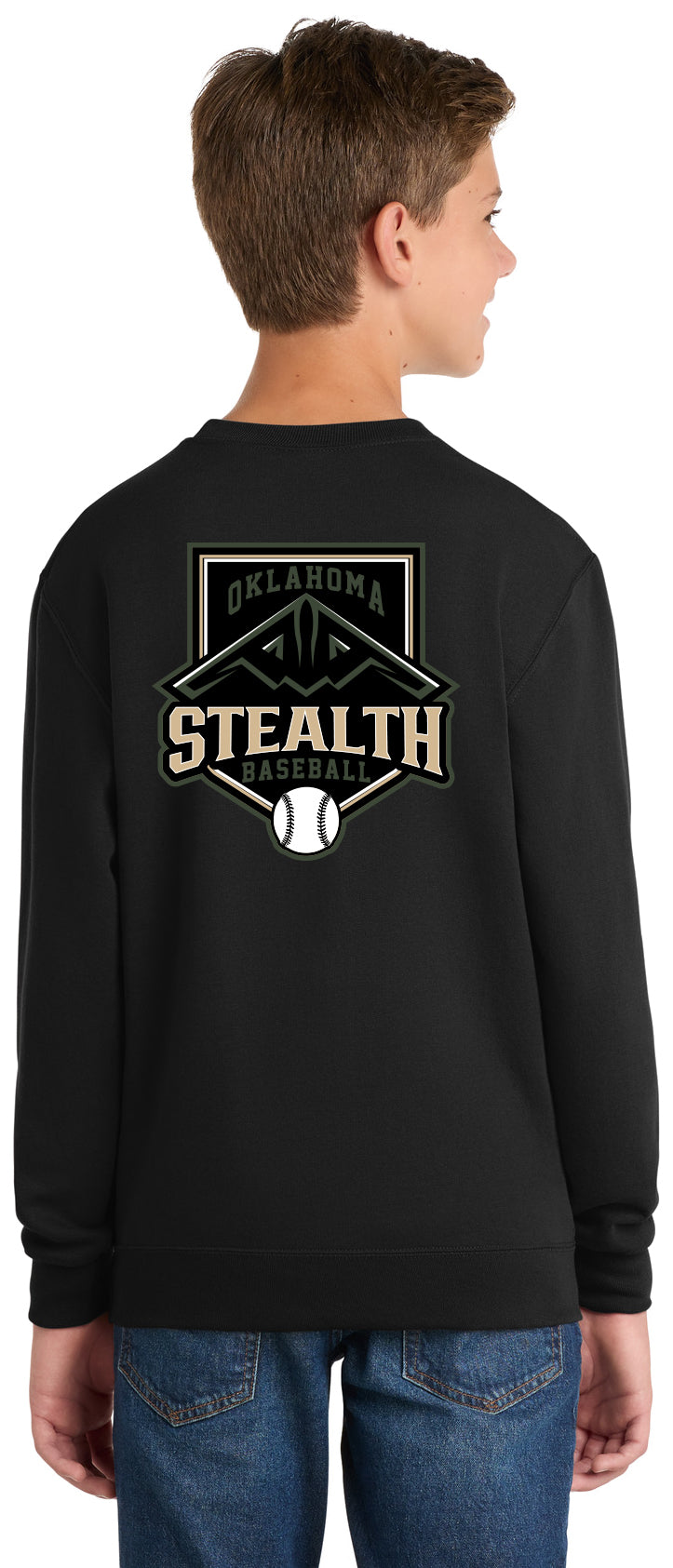 Stealth Baseball - Bat and Diamond - Port & Co Youth Core Fleece Crewneck Sweatshirt.  PC90Y