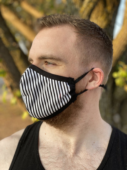 Two Layer Fully Wired Protective Cloth Face Mask - Made in USA - Black and White Stripe, Adult