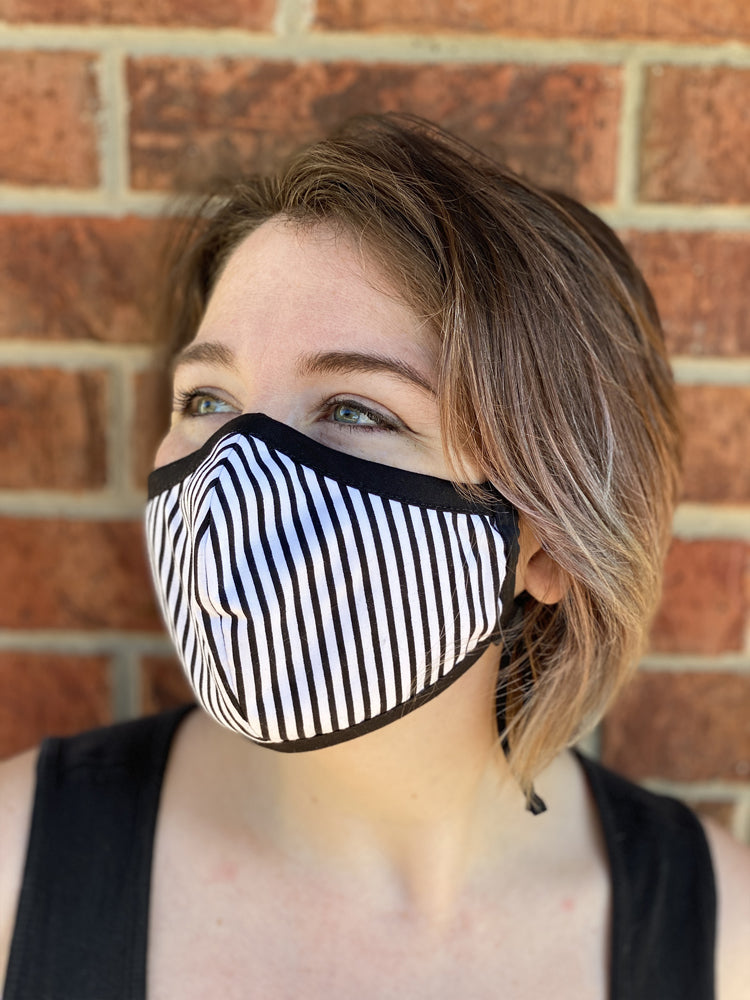 Two Layer Fully Wired Protective Cloth Face Mask - Made in USA - Black and White Stripe, Adult