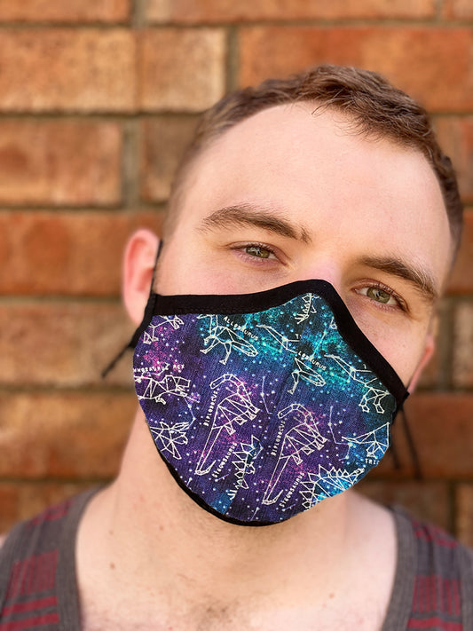 Four Layer Fully Wired Protective Cloth Face Mask - Made in USA - Celestial Dinosaurs, Adult