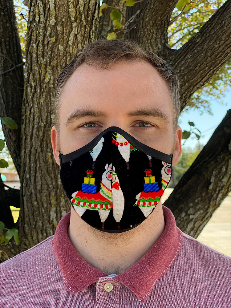 Four Layer Fully Wired Protective Cloth Face Mask - Made in USA - Christmas Llama, Adult