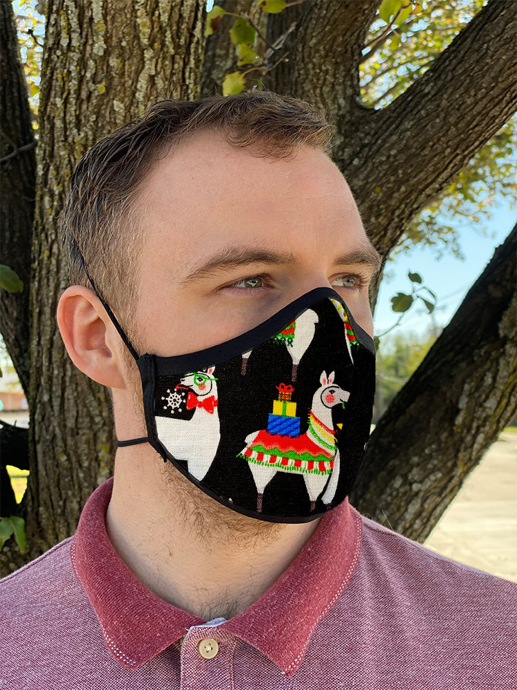 Four Layer Fully Wired Protective Cloth Face Mask - Made in USA - Christmas Llama, Adult