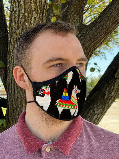 Four Layer Fully Wired Protective Cloth Face Mask - Made in USA - Christmas Llama, Adult