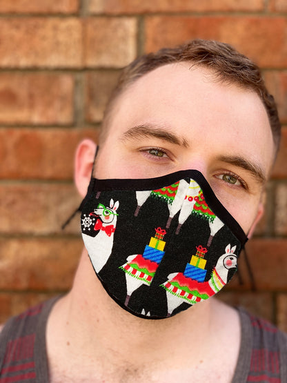 Four Layer Fully Wired Protective Cloth Face Mask - Made in USA - Christmas Llama, Adult