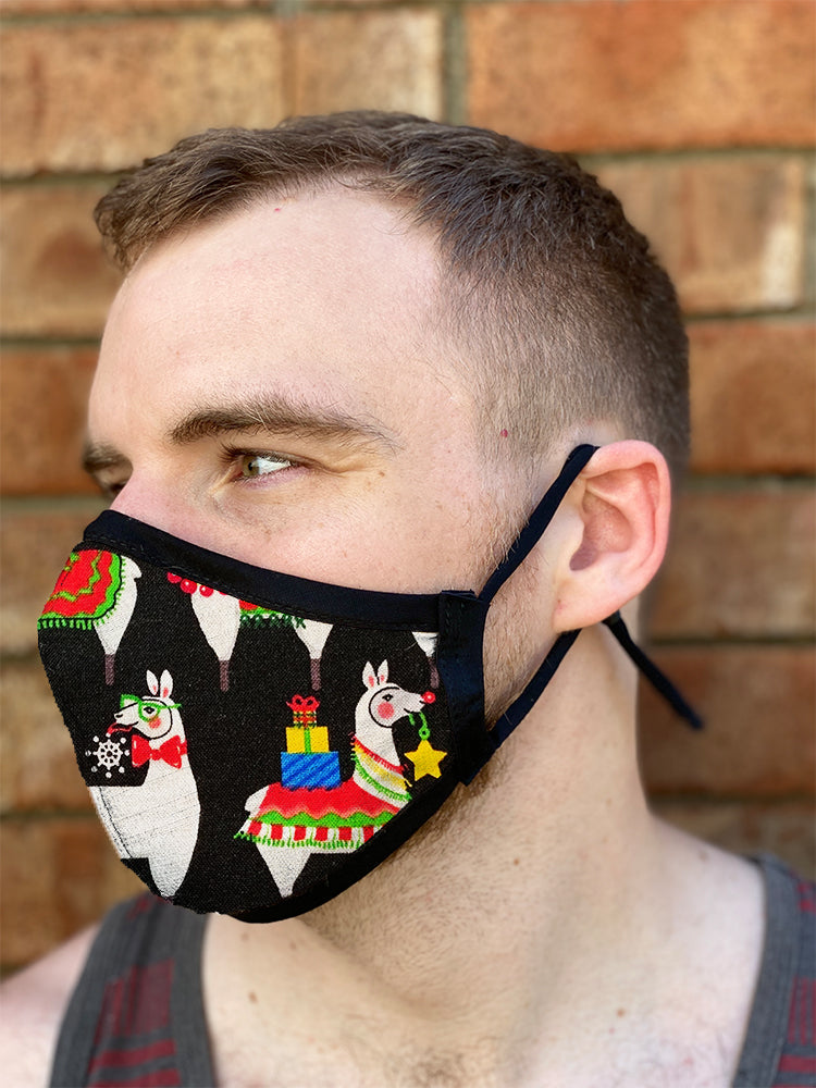 Four Layer Fully Wired Protective Cloth Face Mask - Made in USA - Christmas Llama, Adult