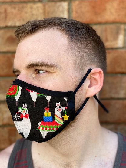 Four Layer Fully Wired Protective Cloth Face Mask - Made in USA - Christmas Llama, Adult