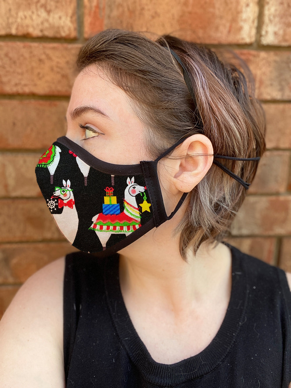 Four Layer Fully Wired Protective Cloth Face Mask - Made in USA - Christmas Llama, Adult