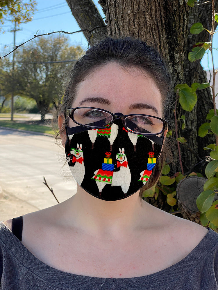 Four Layer Fully Wired Protective Cloth Face Mask - Made in USA - Christmas Llama, Adult