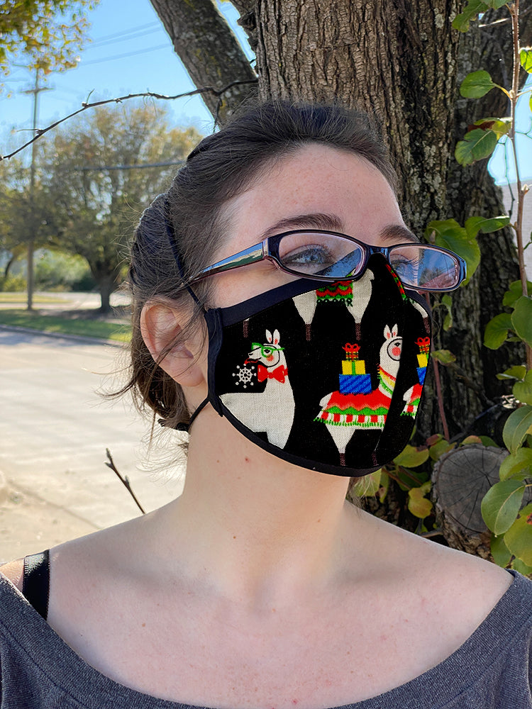 Four Layer Fully Wired Protective Cloth Face Mask - Made in USA - Christmas Llama, Adult