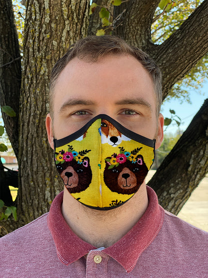 Two Layer Fully Wired Protective Cloth Face Mask - Made in USA - Flower Crown Animals, Adult