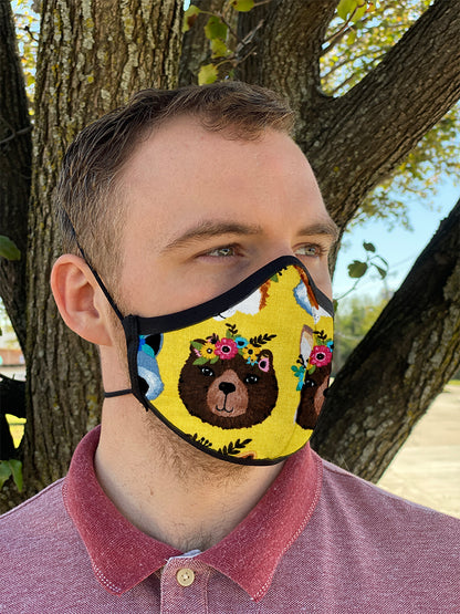 Two Layer Fully Wired Protective Cloth Face Mask - Made in USA - Flower Crown Animals, Adult