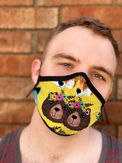 Two Layer Fully Wired Protective Cloth Face Mask - Made in USA - Flower Crown Animals, Adult