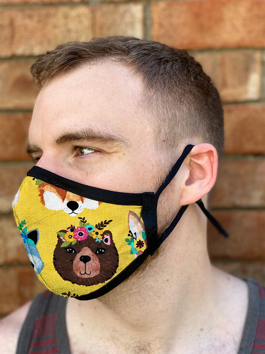 Four Layer Fully Wired Protective Cloth Face Mask - Made in USA - Flower Crown Animals, Adult