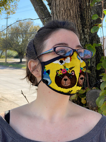 Two Layer Fully Wired Protective Cloth Face Mask - Made in USA - Flower Crown Animals, Adult