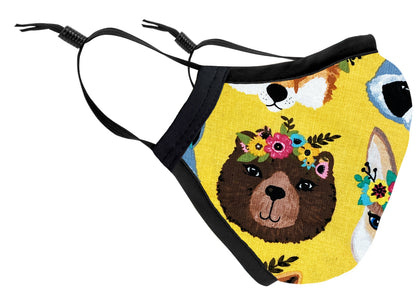 Two Layer Fully Wired Protective Cloth Face Mask - Made in USA - Flower Crown Animals, Adult