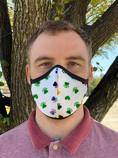 Four Layer Fully Wired Protective Cloth Face Mask - Made in USA - Rainbow Heart Paws, Adult