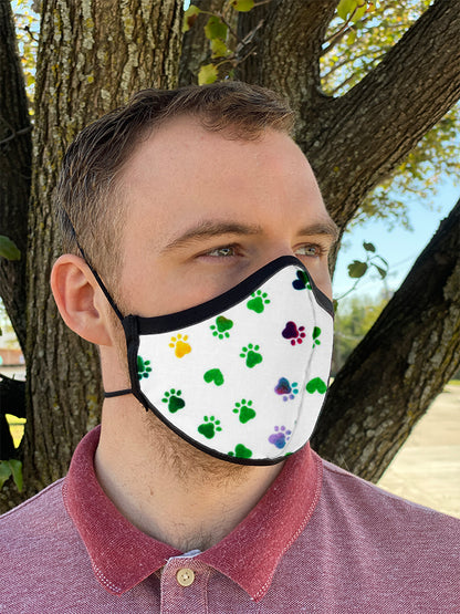 Four Layer Fully Wired Protective Cloth Face Mask - Made in USA - Rainbow Heart Paws, Adult