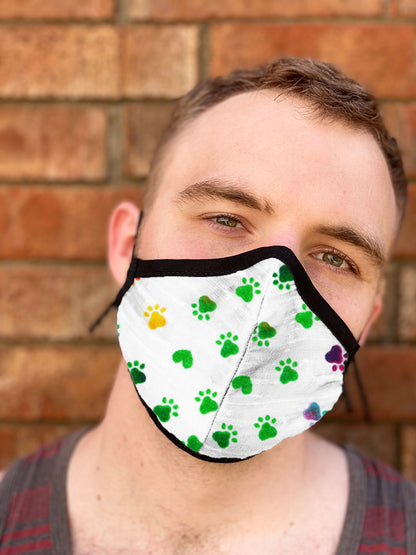 Four Layer Fully Wired Protective Cloth Face Mask - Made in USA - Rainbow Heart Paws, Adult