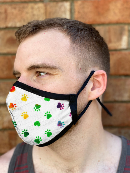 Four Layer Fully Wired Protective Cloth Face Mask - Made in USA - Rainbow Heart Paws, Adult