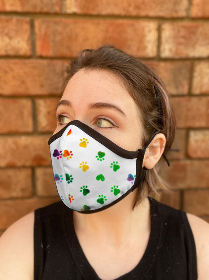 Four Layer Fully Wired Protective Cloth Face Mask - Made in USA - Rainbow Heart Paws, Adult