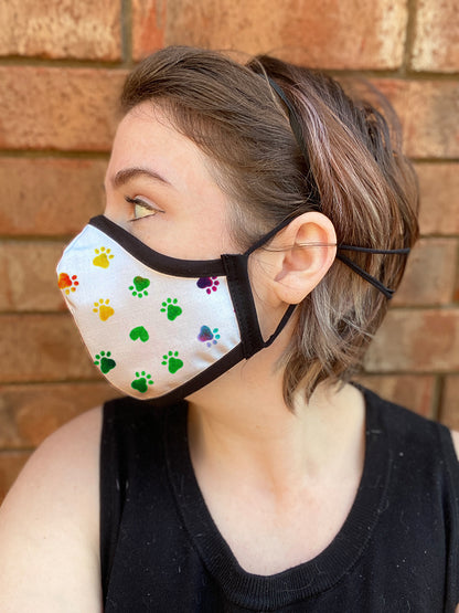 Four Layer Fully Wired Protective Cloth Face Mask - Made in USA - Rainbow Heart Paws, Adult