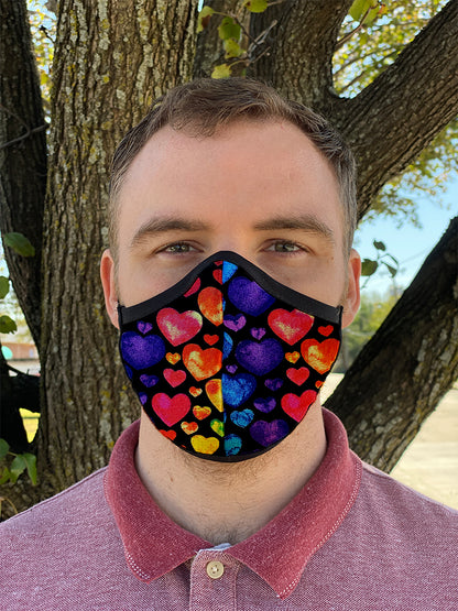 Two Layer Fully Wired Protective Cloth Face Mask - Made in USA - Rainbow Hearts, Adult