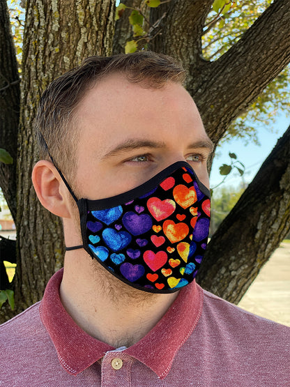 Two Layer Fully Wired Protective Cloth Face Mask - Made in USA - Rainbow Hearts, Adult