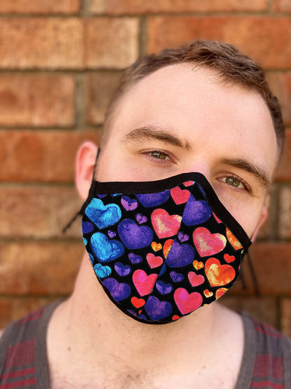 Two Layer Fully Wired Protective Cloth Face Mask - Made in USA - Rainbow Hearts, Adult