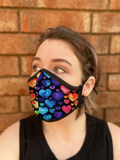 Two Layer Fully Wired Protective Cloth Face Mask - Made in USA - Rainbow Hearts, Adult