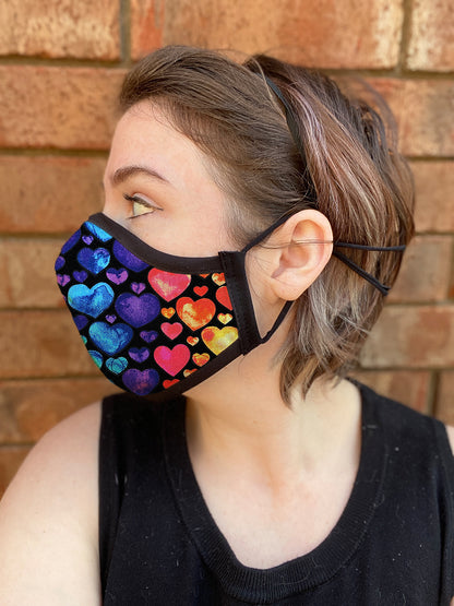 Two Layer Fully Wired Protective Cloth Face Mask - Made in USA - Rainbow Hearts, Adult