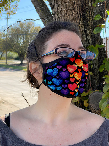 Two Layer Fully Wired Protective Cloth Face Mask - Made in USA - Rainbow Hearts, Adult