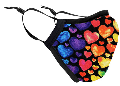 Two Layer Fully Wired Protective Cloth Face Mask - Made in USA - Rainbow Hearts, Adult