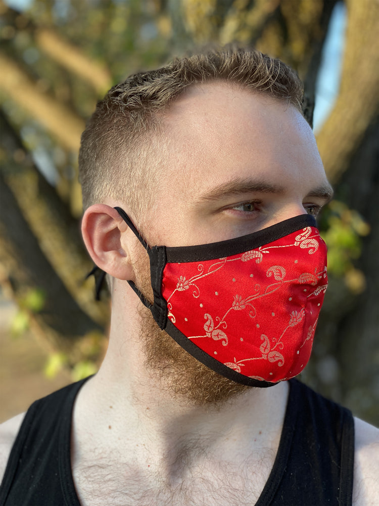 Two Layer Fully Wired Protective Cloth Face Mask - Made in USA - Red and Gold Sari, Adult