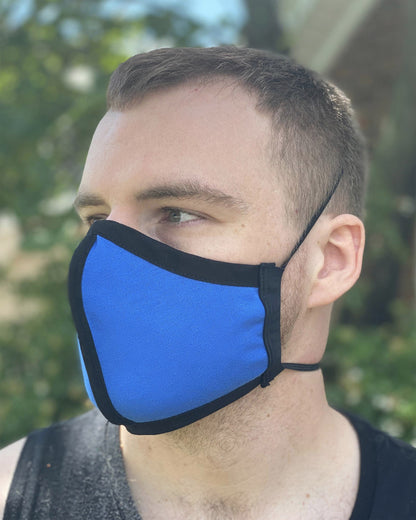 Summer Weight Two Layer Protective Cloth Face Mask - Ear Saver Behind the Head Elastic - Made in USA - Blue, Curvy Cut