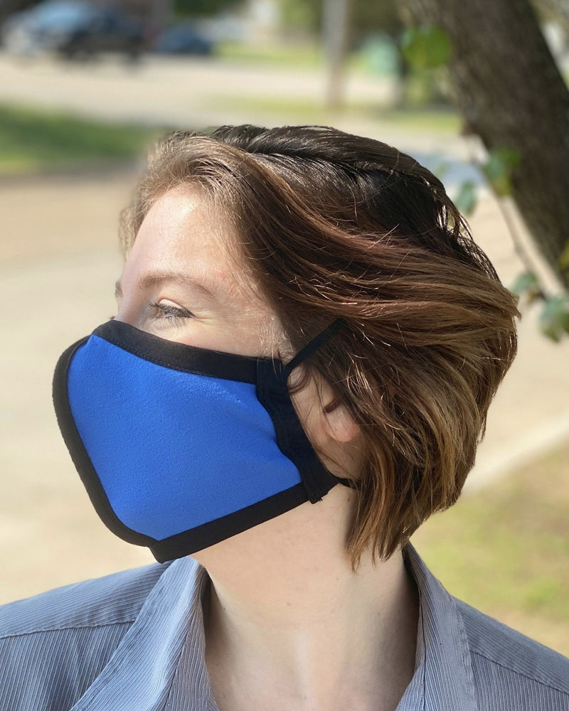 Summer Weight Two Layer Protective Cloth Face Mask - Ear Saver Behind the Head Elastic - Made in USA - Blue, Curvy Cut