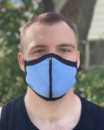 Summer Weight Two Layer Protective Cloth Face Mask - Ear Saver Behind the Head Elastic - Made in USA - Light Blue, Curvy Cut