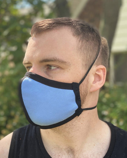 Summer Weight Two Layer Protective Cloth Face Mask - Ear Saver Behind the Head Elastic - Made in USA - Light Blue, Curvy Cut