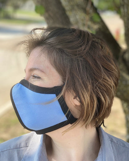 Summer Weight Two Layer Protective Cloth Face Mask - Ear Saver Behind the Head Elastic - Made in USA - Light Blue, Curvy Cut