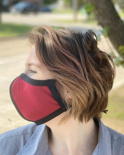 Summer Weight Two Layer Protective Cloth Face Mask - Ear Saver Behind the Head Elastic - Made in USA - Red, Curvy Cut